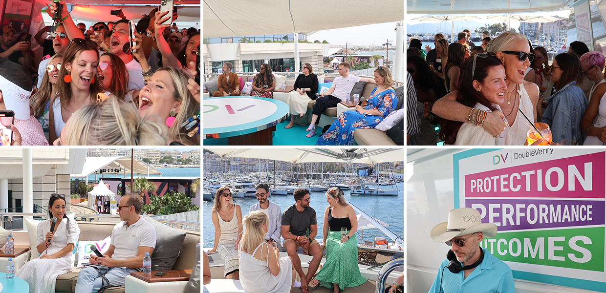 Collage of six candid photos taken on DV's yacht at the 2024 Cannes Lions International Festival of Creativity. Photos include panelists engaging in discussion and guests socializing, dancing, and drinking.